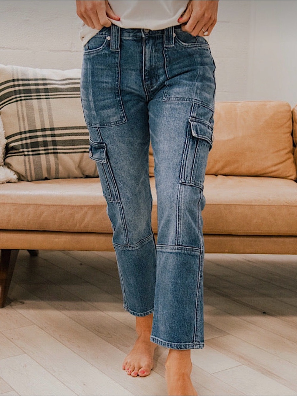 New KanCan Avery High Rise Straight Leg Cargo Jeans Dark Wash KC7843D
